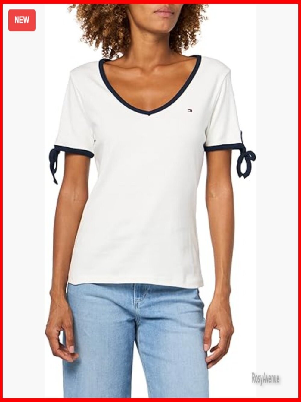 Short Sleeve Cotton V-Neck T-Shirt with Bow Tie Detail, Regular Fit